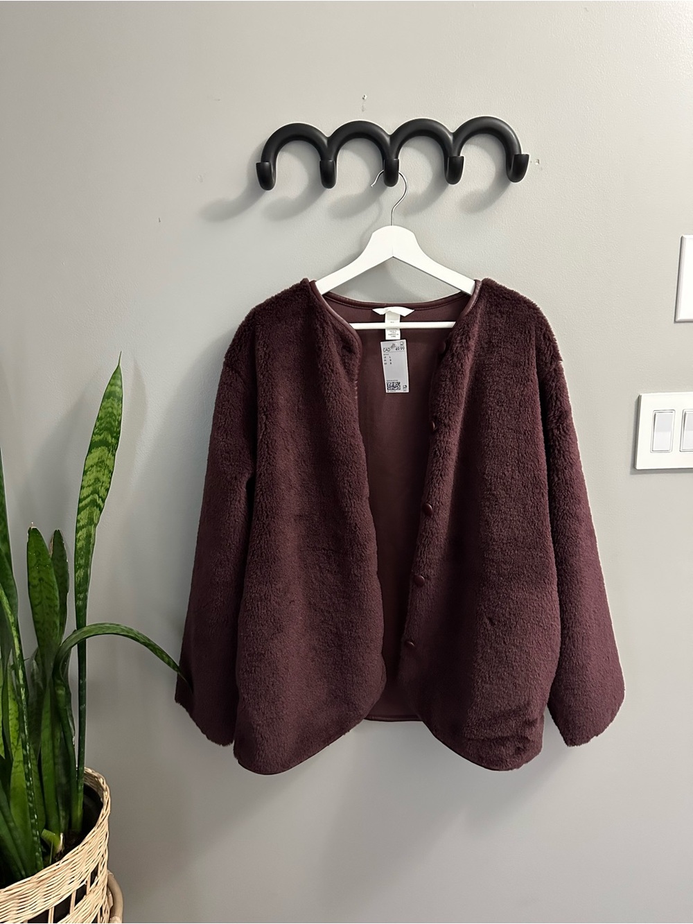 H&M Plush Teddy Button-Front Jacket - Burgundy